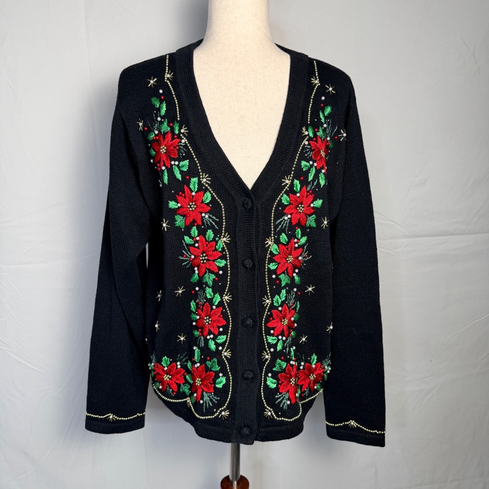 BP Design Vintage Christmas Poinsettia Beaded Cardigan Sweater Black Womens Med